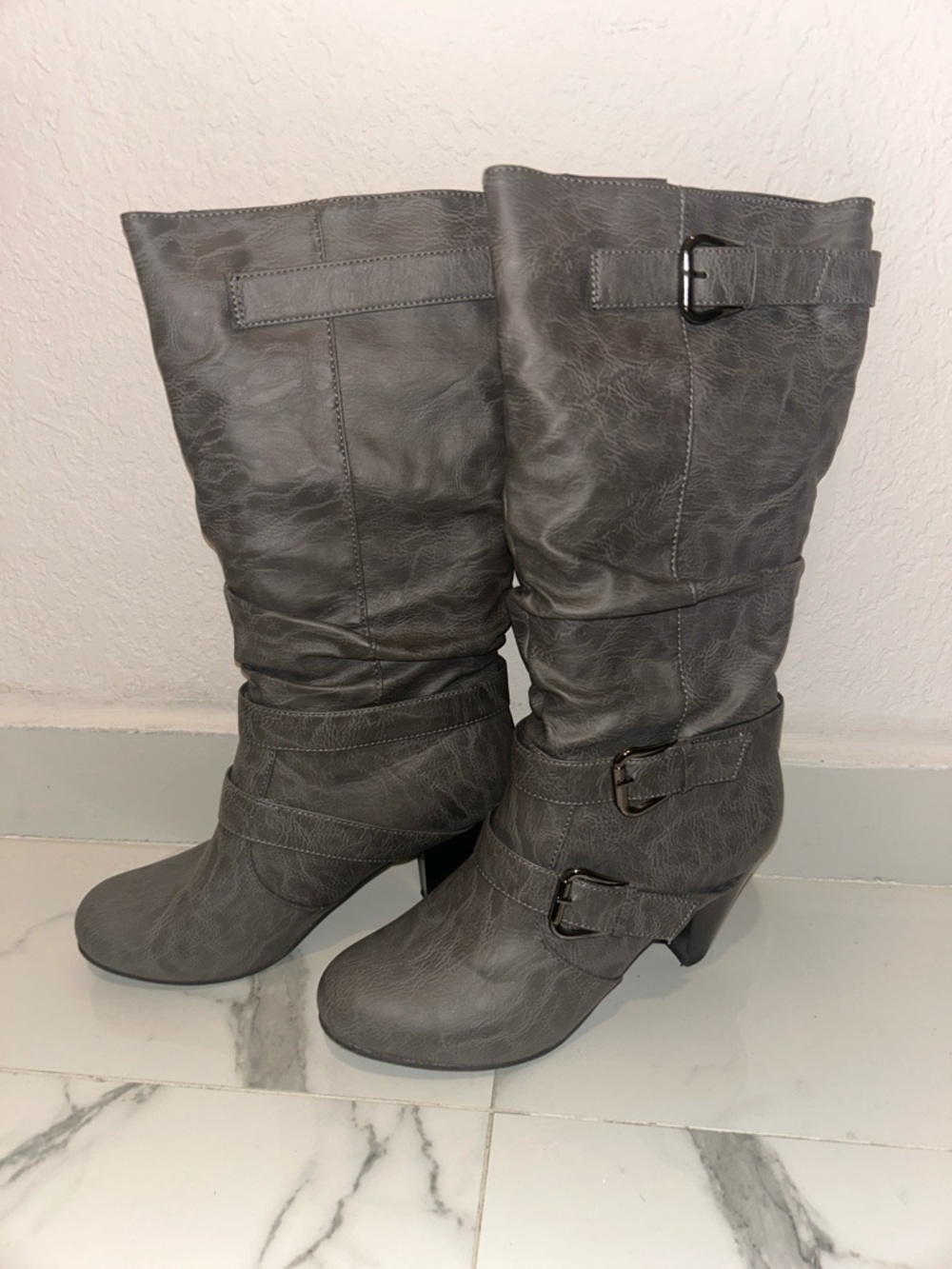 Women's Gray Mid-Calf Buckle Boots